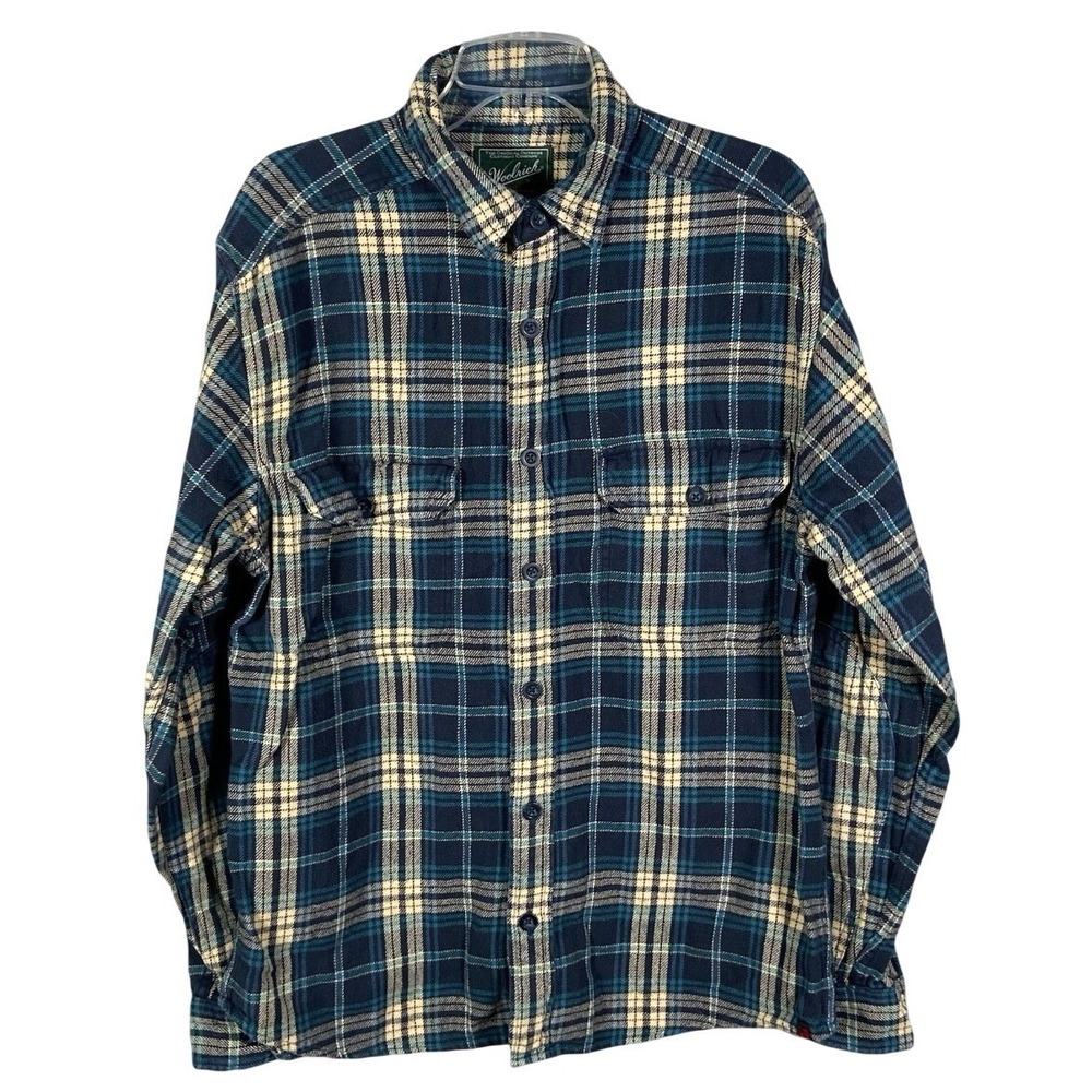 Vintage Woolrich Wool Flannel Shirt Mens M Blue Plaid Elbow Patch Outdoor